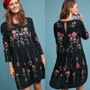Anthropologie Maeve Black Mini Dress with Red & Pink Floral Embroidery